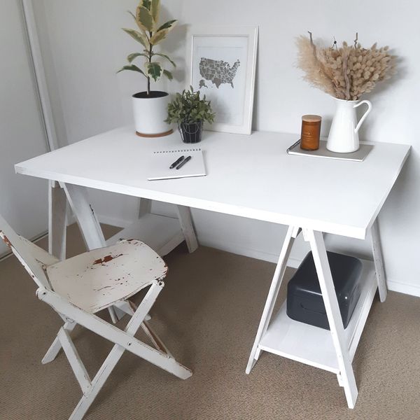 SOLD - White Washed Trestle Desk / Table